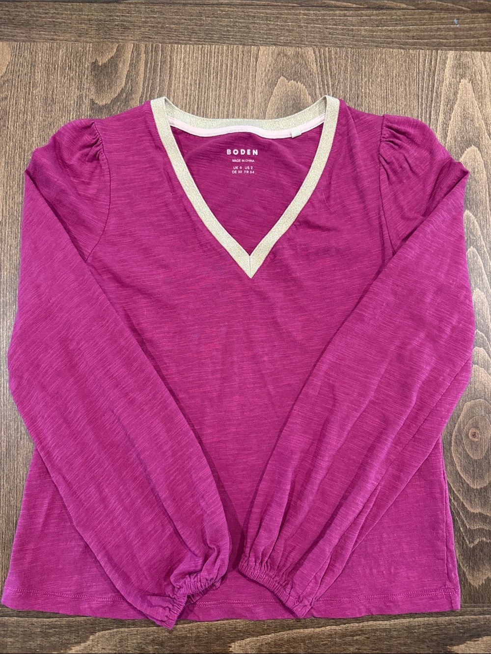Boden Fuchsia V-Neck Long Sleeve Top with Cream Trim
